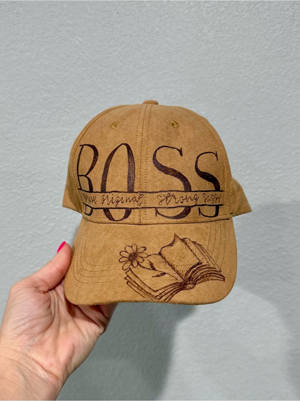 Hand-burned "Boss" Caramel Faux Suede Baseball Cap with Flower and Book Design